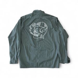 Rare - RTH Army Green Button-Up Shirt with Skull Graphic